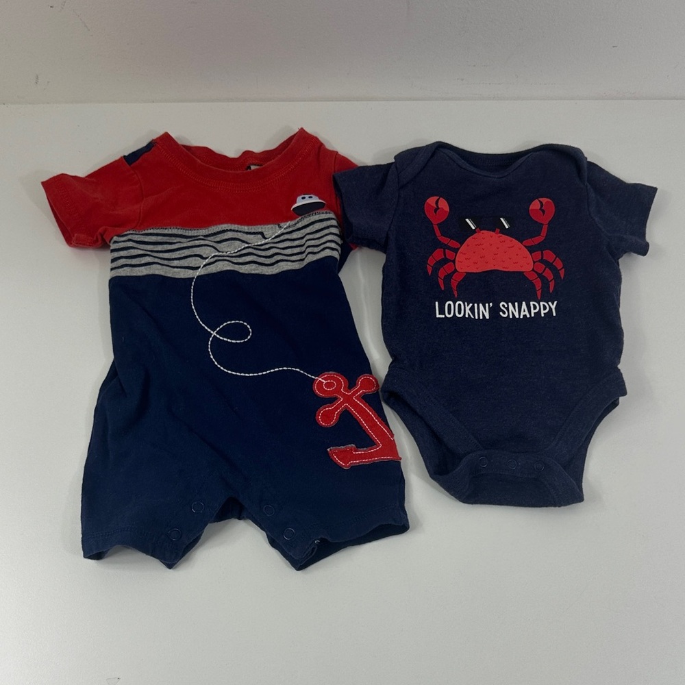 Nautical Red & Navy Baby One-Piece Set - Crab Logo Bodysuit 0-3 Months (2 pcs)